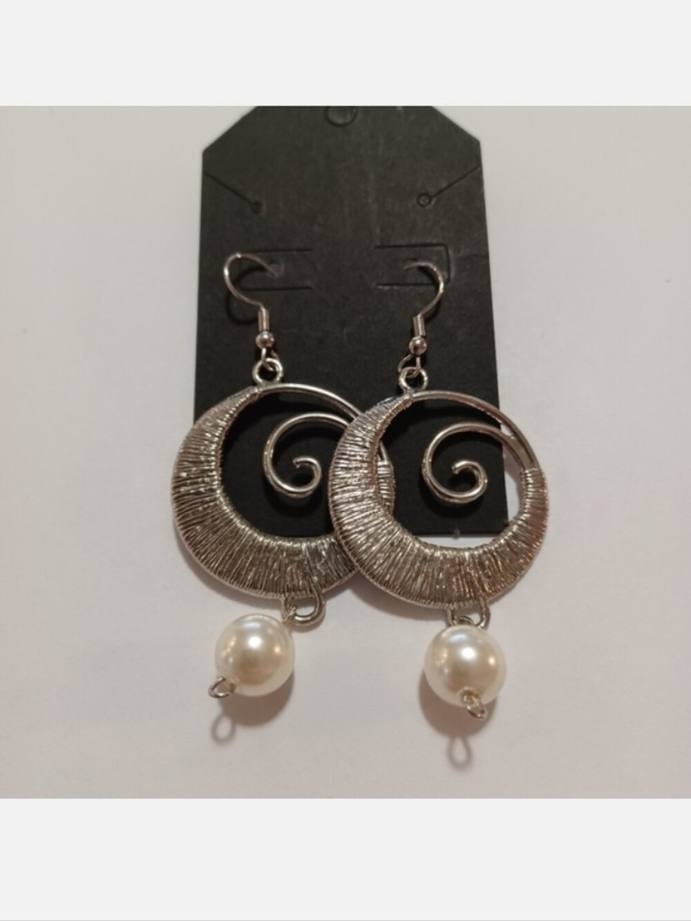 Elegant Silver Pearl Drop Spiral Pinwheel Hoop Metal Hook Earrings